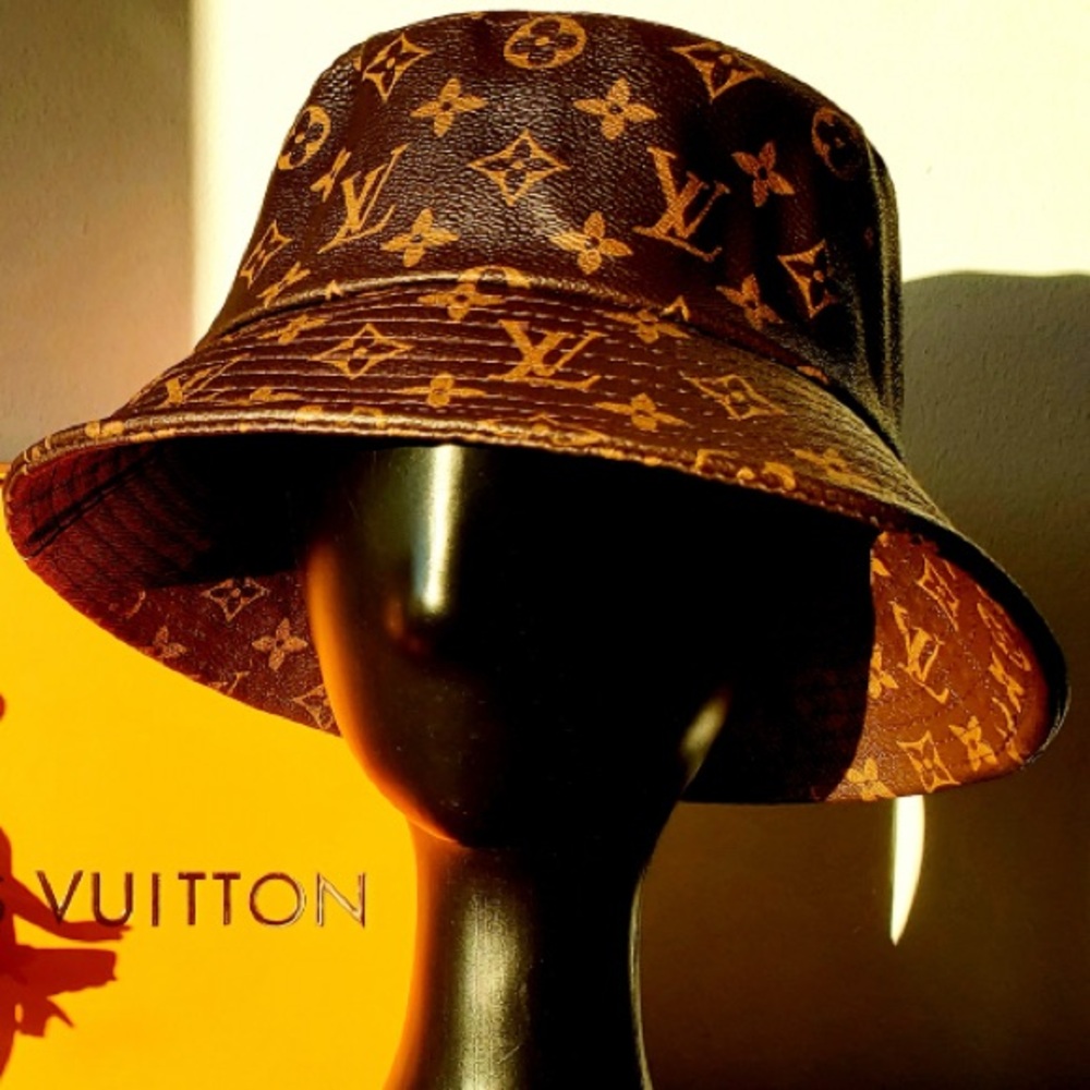 Louis Vuitton LV Brown Calf Skin Leather Monogram Jacquard Brown Bucket Hat - Picture 10 of 16